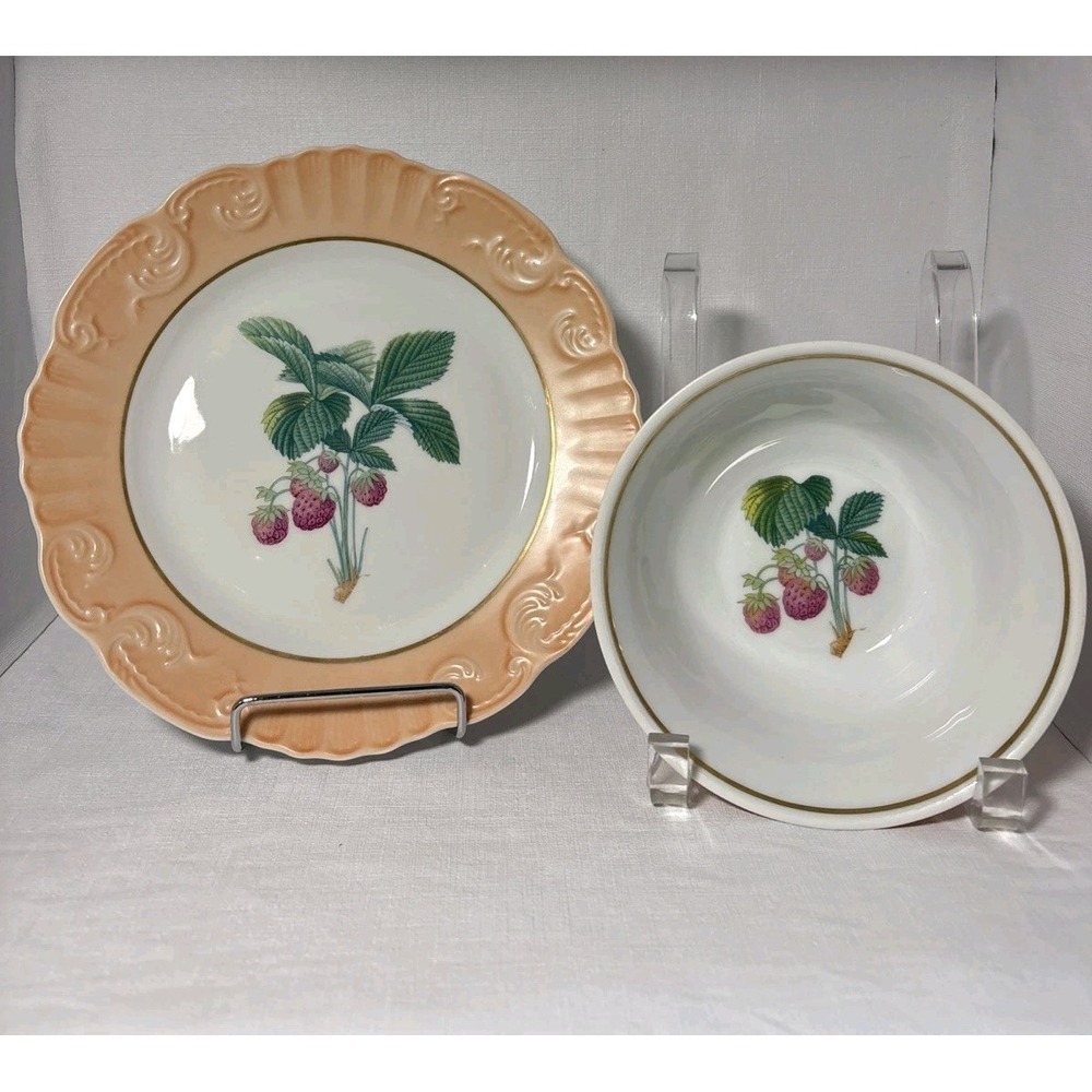 Mottahedeh Dessert Plate And Bowl Set Raspberry Design Summer Fruit Collection